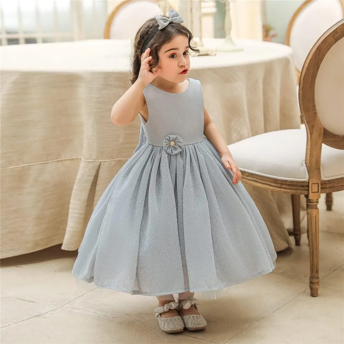 0-6T Baby Girls Dress Princess Dress Special Occasion Formal Gowns Backless Pageant Wedding Party Dresses with Headwear