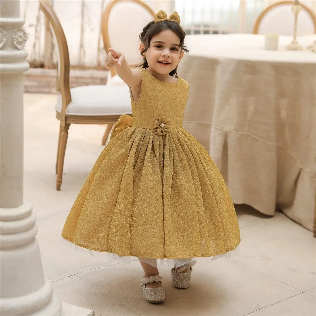 0-6T Baby Girls Dress Princess Dress Special Occasion Formal Gowns Backless Pageant Wedding Party Dresses with Headwear