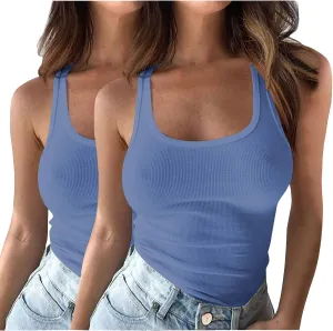 2 Pack Plus Size Ribbed Tank Tops for Women, U Scoop Neck Workout Basic Sleeveless T-Shirt Summer Casual Sexy Tanks