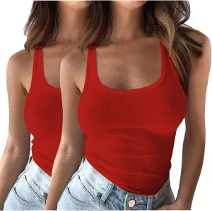 2 Pack Plus Size Ribbed Tank Tops for Women, U Scoop Neck Workout Basic Sleeveless T-Shirt Summer Casual Sexy Tanks