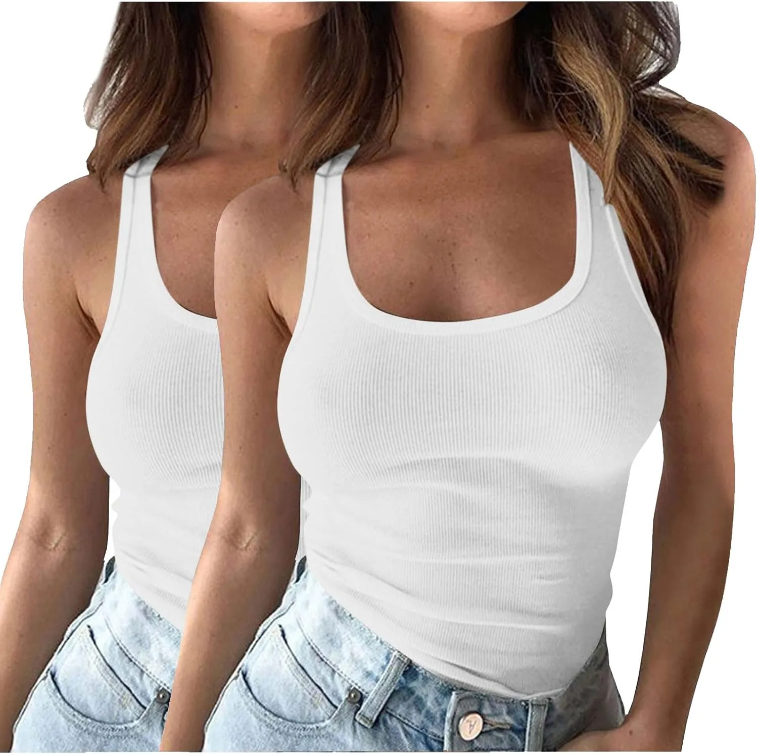 2 Pack Plus Size Ribbed Tank Tops for Women, U Scoop Neck Workout Basic Sleeveless T-Shirt Summer Casual Sexy Tanks