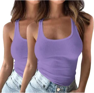 2 Pack Plus Size Ribbed Tank Tops for Women, U Scoop Neck Workout Basic Sleeveless T-Shirt Summer Casual Sexy Tanks