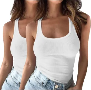 2 Pack Plus Size Ribbed Tank Tops for Women, U Scoop Neck Workout Basic Sleeveless T-Shirt Summer Casual Sexy Tanks