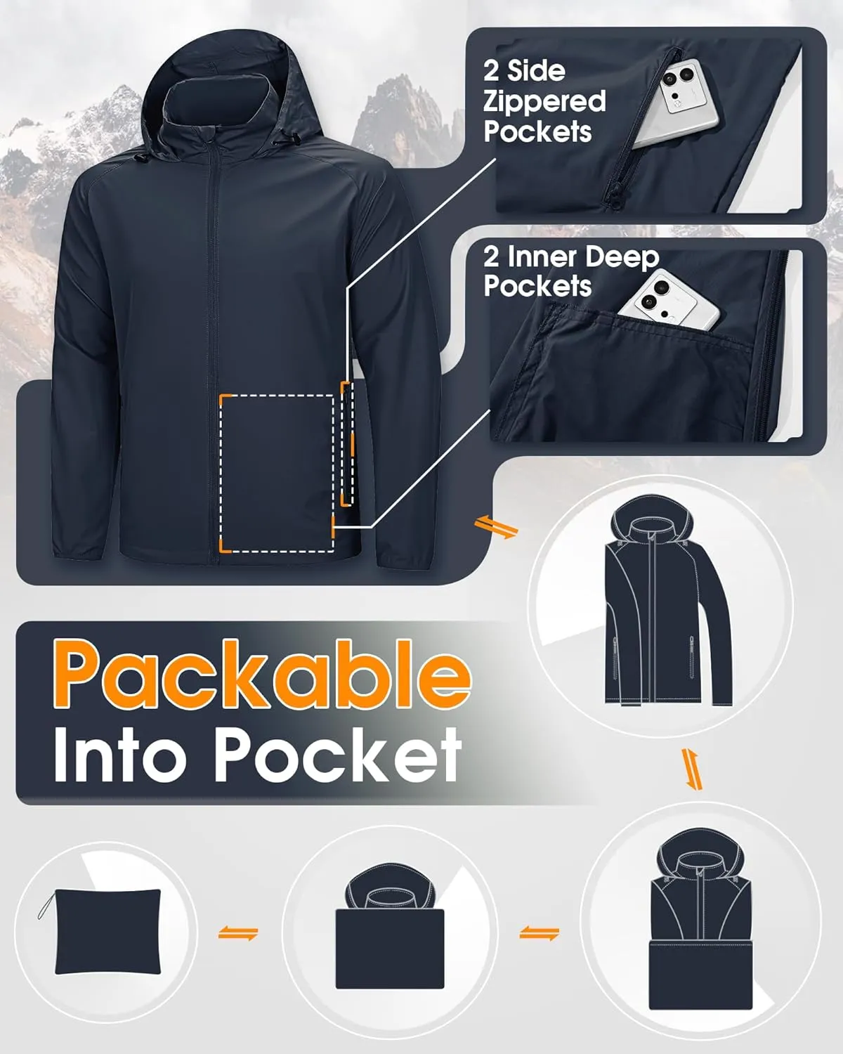33,000ft Men's Rain Jacket Waterproof Lightweight Raincoat Packable Rain Shell Windbreaker with Hood for Golf Hiking Travel