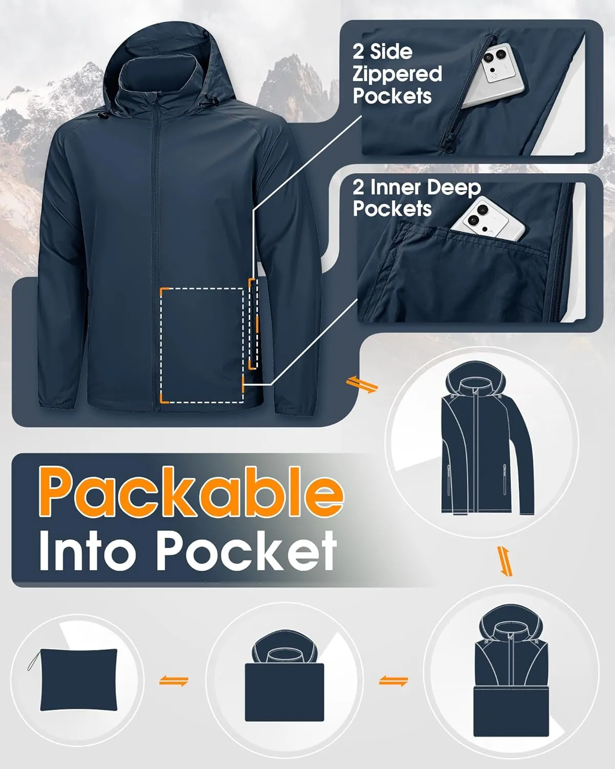 33,000ft Men's Rain Jacket Waterproof Lightweight Raincoat Packable Rain Shell Windbreaker with Hood for Golf Hiking Travel