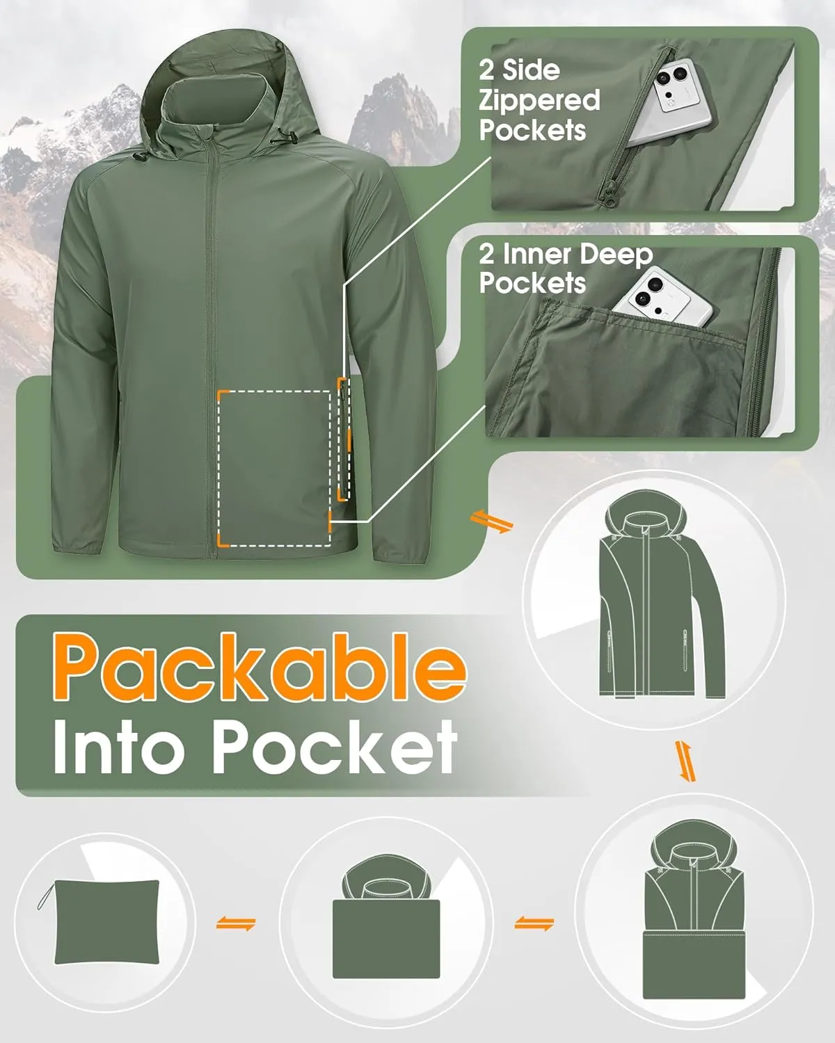 33,000ft Men's Rain Jacket Waterproof Lightweight Raincoat Packable Rain Shell Windbreaker with Hood for Golf Hiking Travel