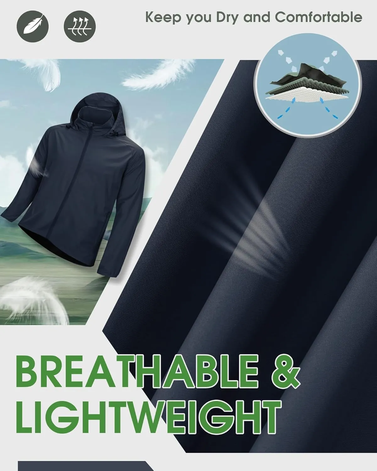 33,000ft Men's Rain Jacket Waterproof Lightweight Raincoat Packable Rain Shell Windbreaker with Hood for Golf Hiking Travel