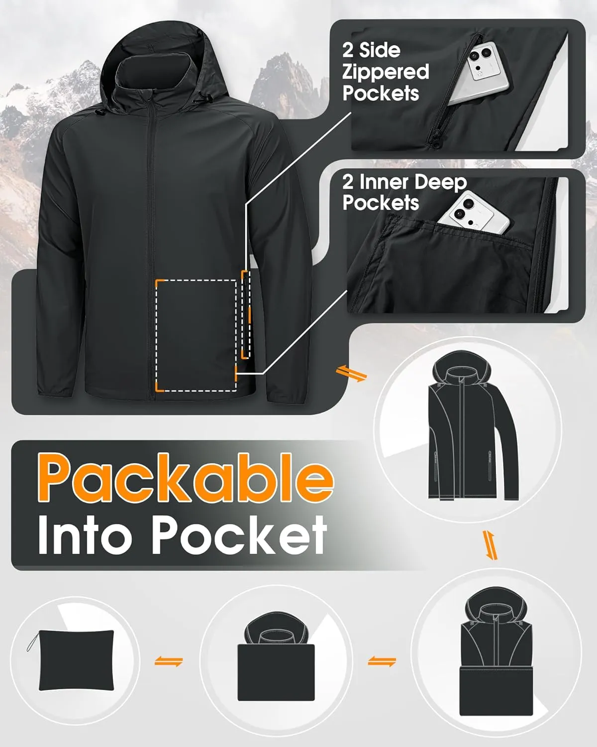 33,000ft Men's Rain Jacket Waterproof Lightweight Raincoat Packable Rain Shell Windbreaker with Hood for Golf Hiking Travel