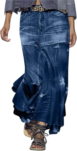 A Line Skirt for Women Irregular Splicing Stretch Denim Skirts Flared Hem Ankle Skirts Casual Jean A-Line Skirt
