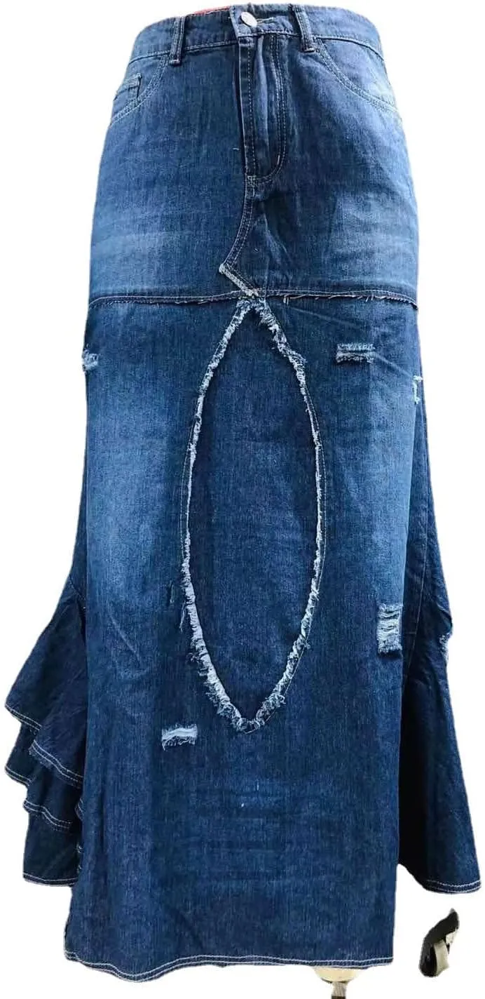 A Line Skirt for Women Irregular Splicing Stretch Denim Skirts Flared Hem Ankle Skirts Casual Jean A-Line Skirt