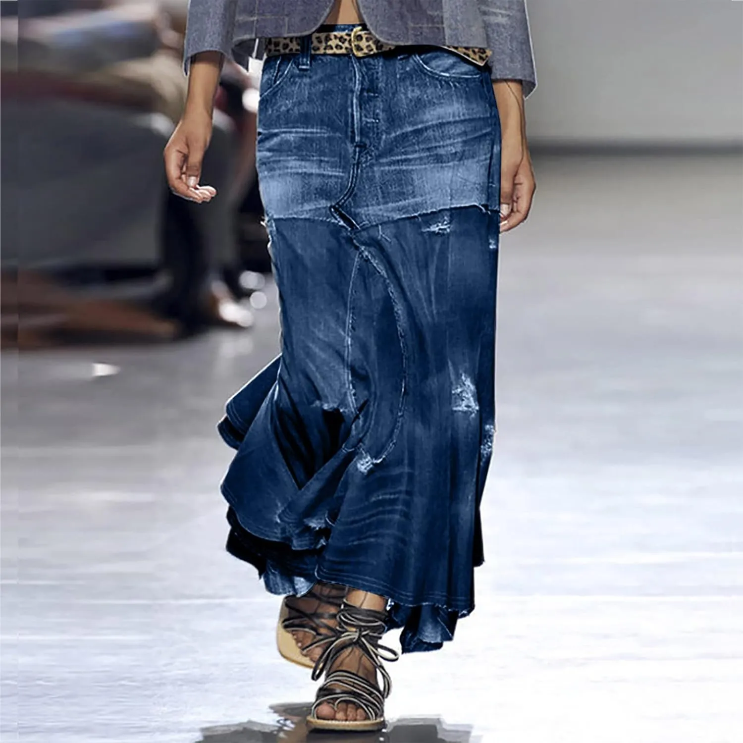 A Line Skirt for Women Irregular Splicing Stretch Denim Skirts Flared Hem Ankle Skirts Casual Jean A-Line Skirt