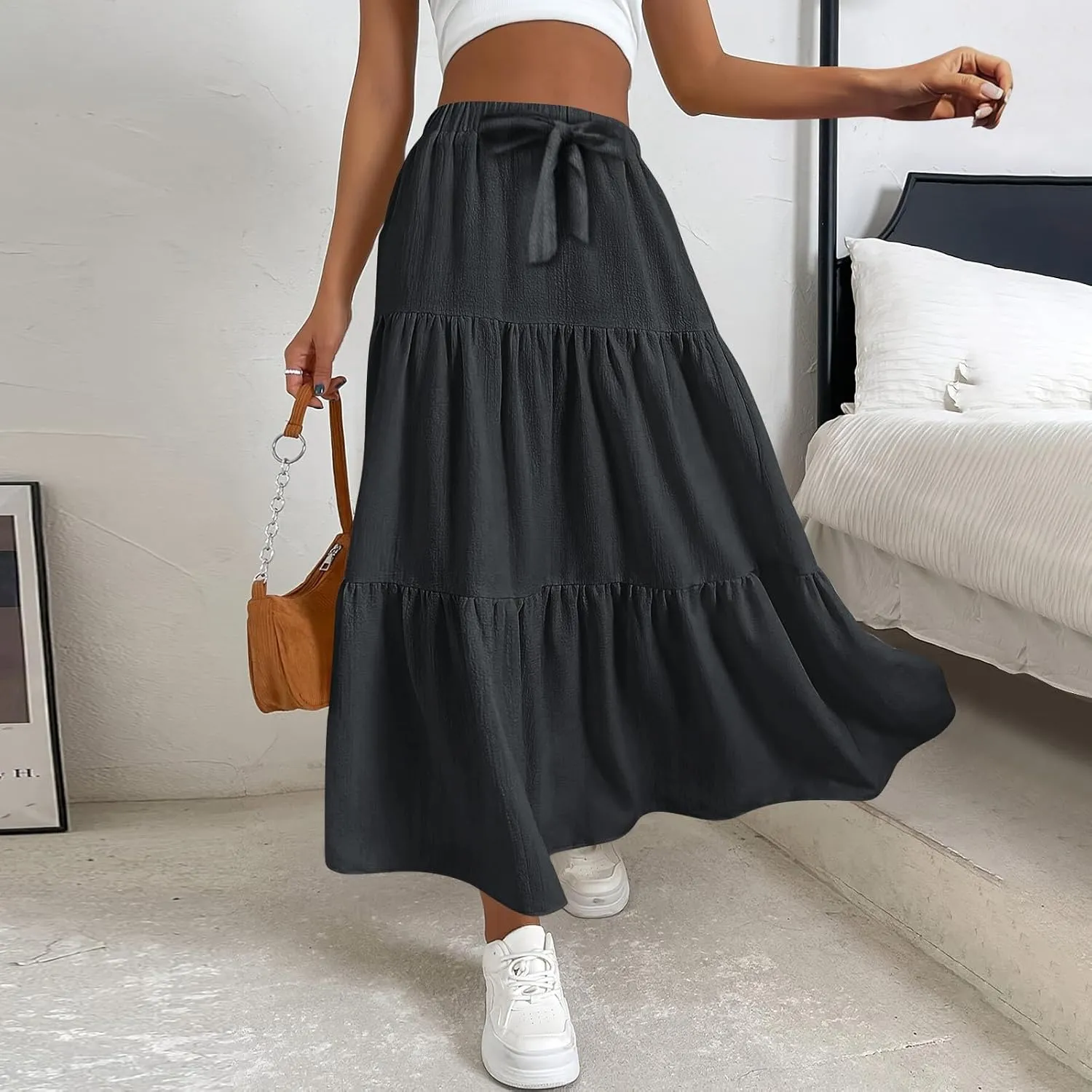 ADHOWBEW Spring Skirts for Women 2025 Elastic Waist Vacation Long Trendy Flowy Tiered Bohemian Skirts