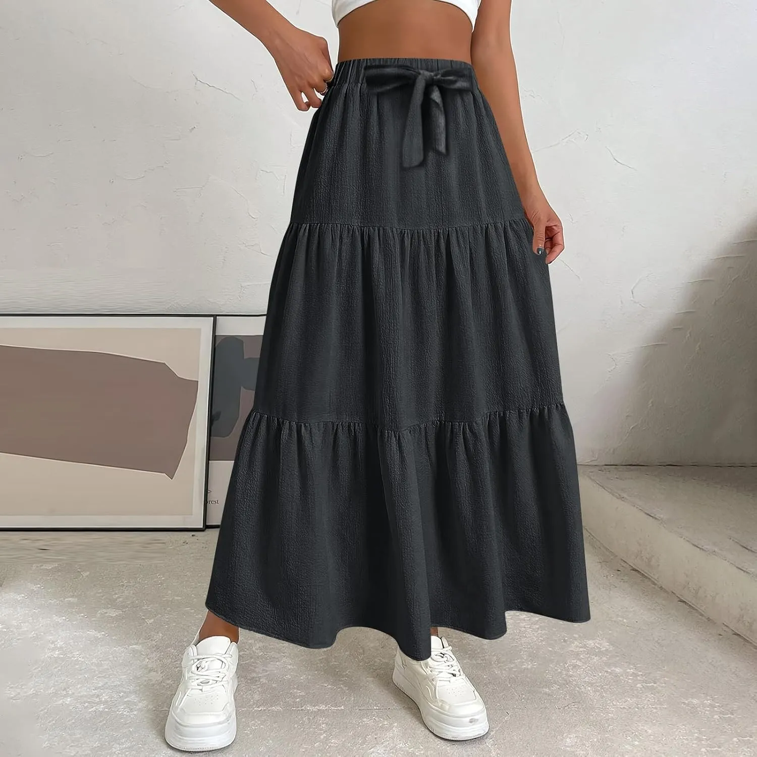 ADHOWBEW Spring Skirts for Women 2025 Elastic Waist Vacation Long Trendy Flowy Tiered Bohemian Skirts