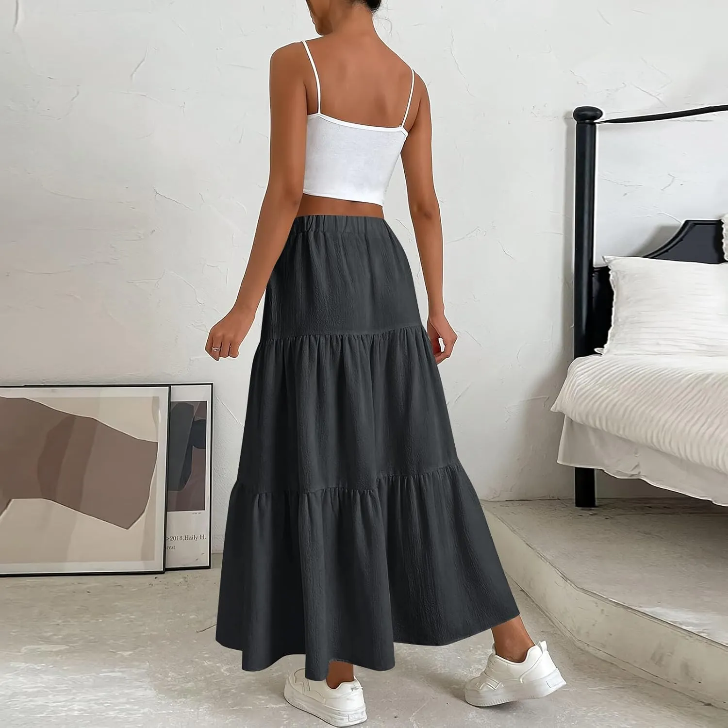 ADHOWBEW Spring Skirts for Women 2025 Elastic Waist Vacation Long Trendy Flowy Tiered Bohemian Skirts