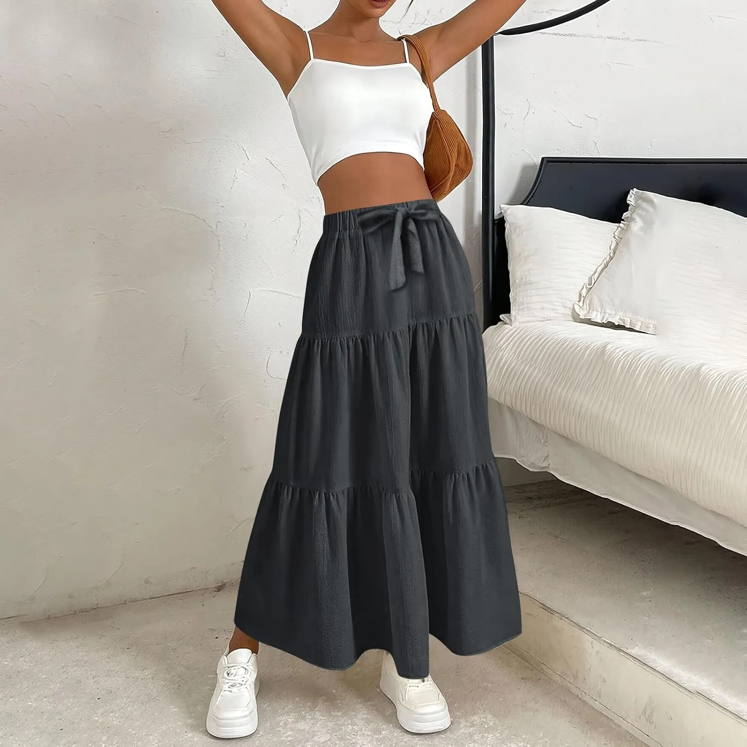 ADHOWBEW Spring Skirts for Women 2025 Elastic Waist Vacation Long Trendy Flowy Tiered Bohemian Skirts