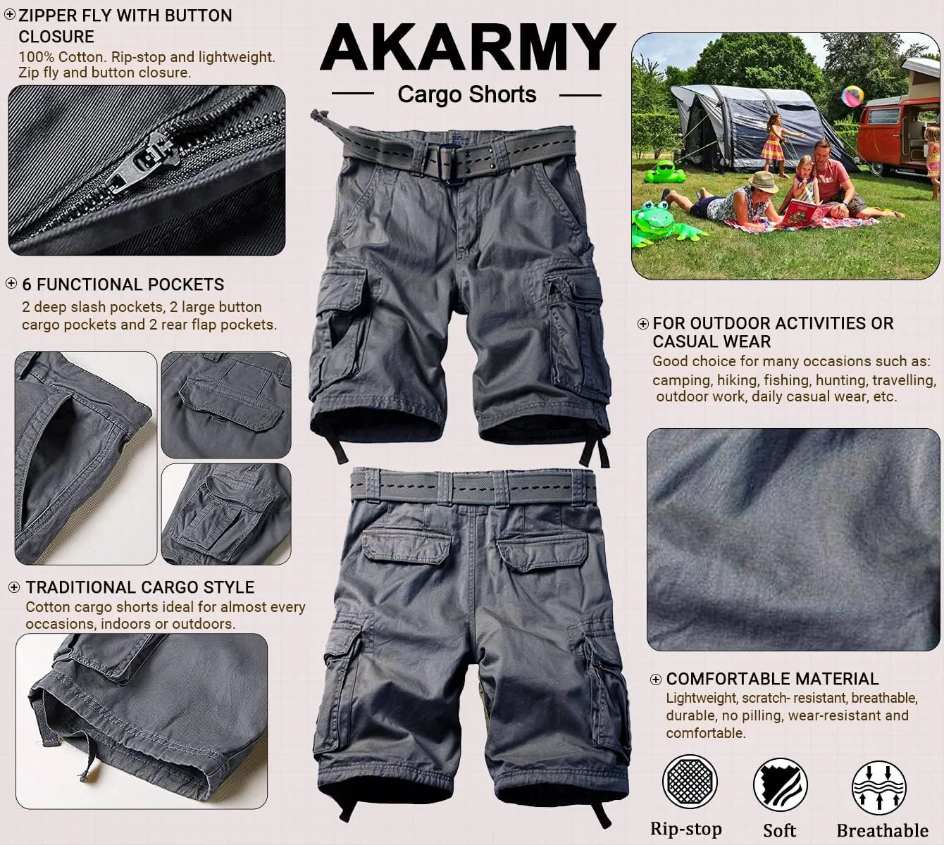 AKARMY Men's Camo Cargo Shorts Outdoor Multi-Pocket Cotton Casual Shorts with No Belt
