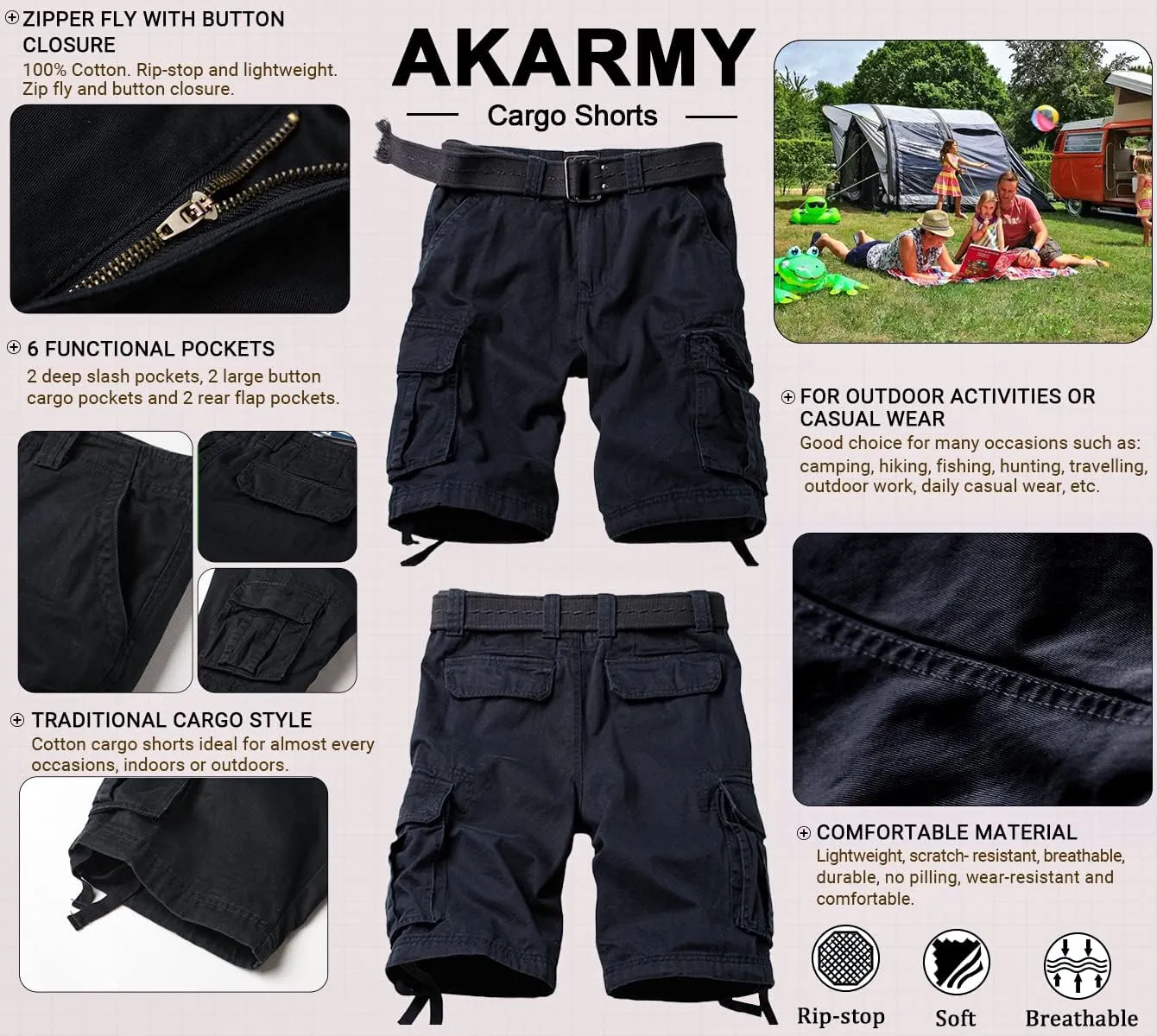 AKARMY Men's Camo Cargo Shorts Outdoor Multi-Pocket Cotton Casual Shorts with No Belt