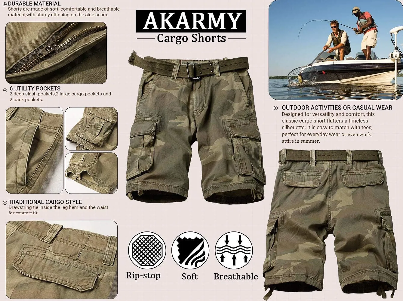 AKARMY Men's Camo Cargo Shorts Outdoor Multi-Pocket Cotton Casual Shorts with No Belt