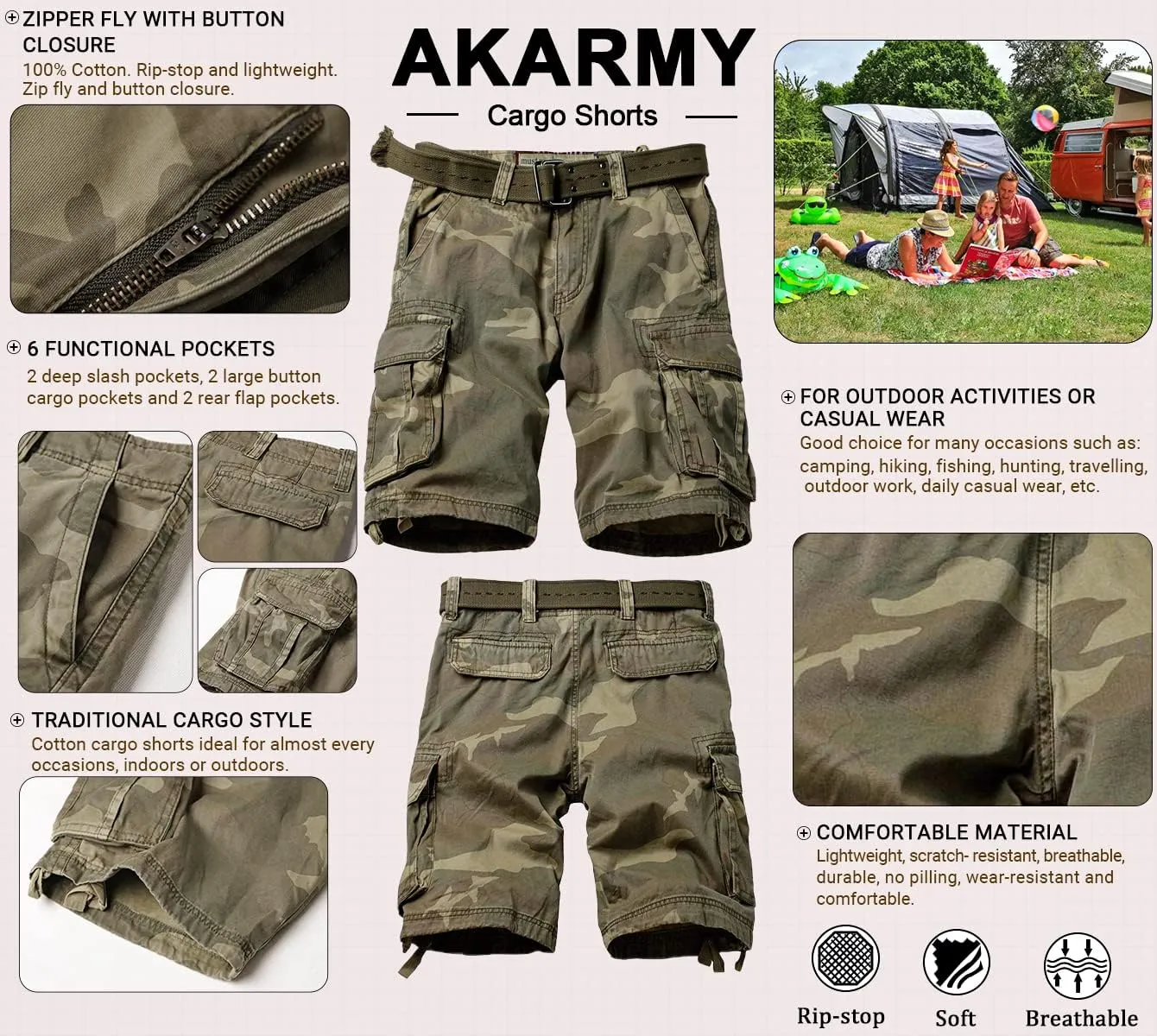 AKARMY Men's Camo Cargo Shorts Outdoor Multi-Pocket Cotton Casual Shorts with No Belt