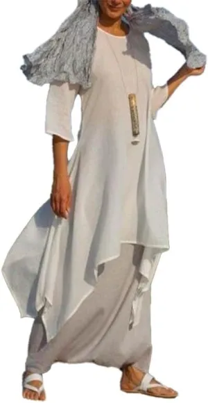 Akivide Women Cotton Linen Long Sleeve Dress Crewneck Asymmetrical Summer Casual Flowy Beach Midi Dress