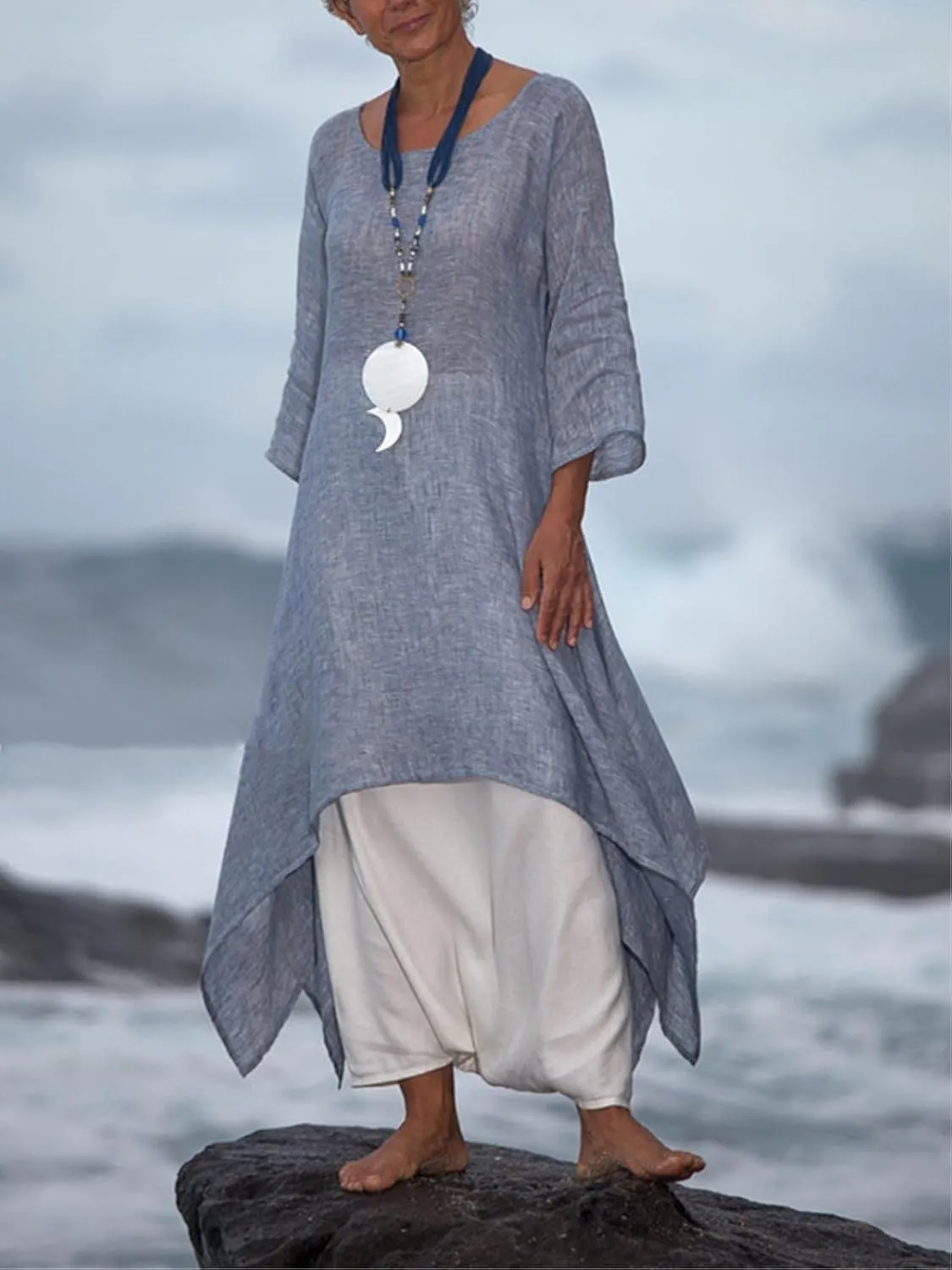 Akivide Women Cotton Linen Long Sleeve Dress Crewneck Asymmetrical Summer Casual Flowy Beach Midi Dress