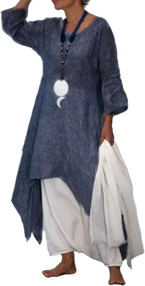 Akivide Women Cotton Linen Long Sleeve Dress Crewneck Asymmetrical Summer Casual Flowy Beach Midi Dress