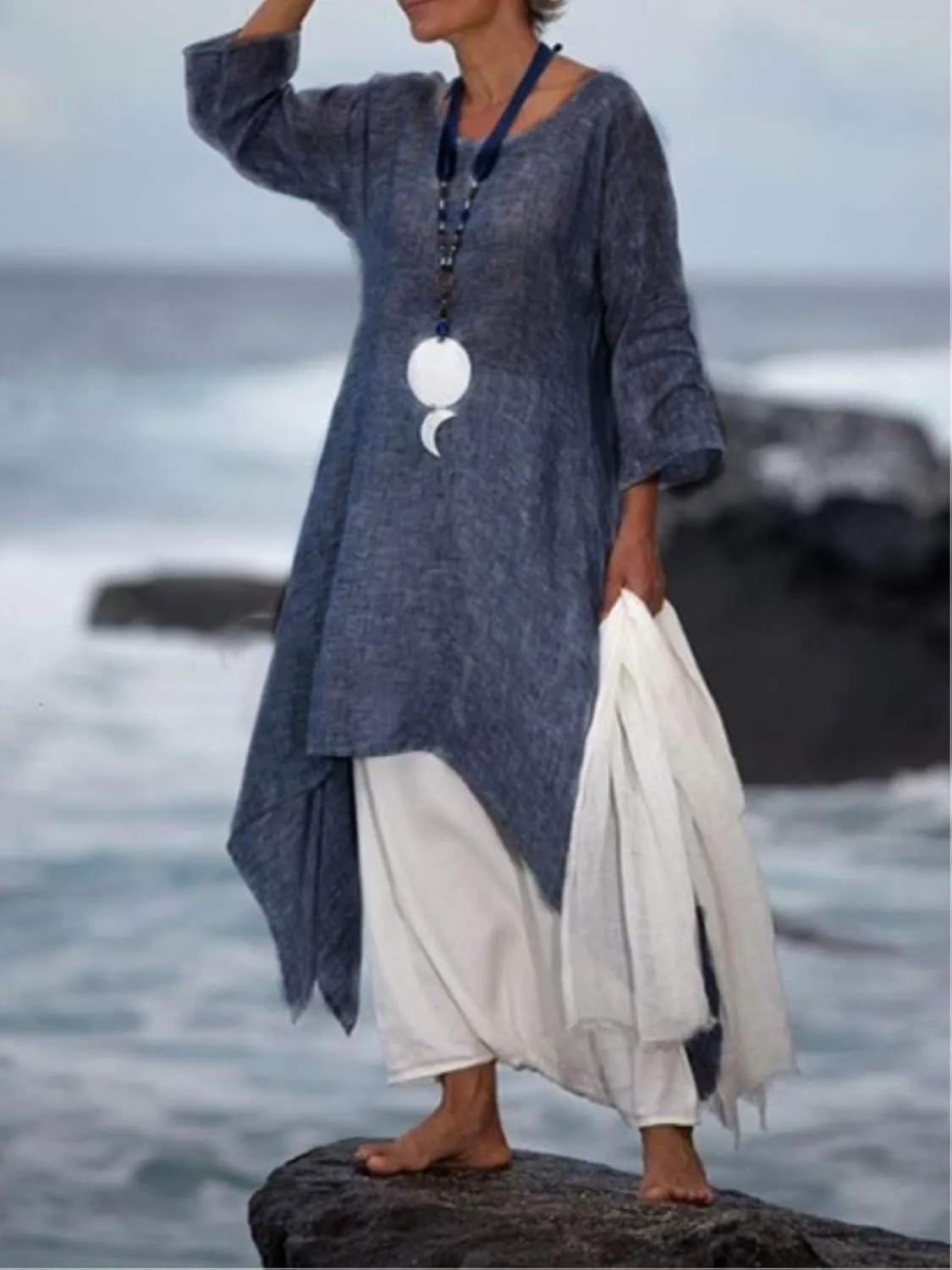 Akivide Women Cotton Linen Long Sleeve Dress Crewneck Asymmetrical Summer Casual Flowy Beach Midi Dress