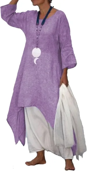 Akivide Women Cotton Linen Long Sleeve Dress Crewneck Asymmetrical Summer Casual Flowy Beach Midi Dress