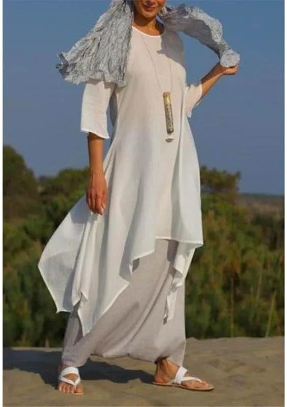 Akivide Women Cotton Linen Long Sleeve Dress Crewneck Asymmetrical Summer Casual Flowy Beach Midi Dress