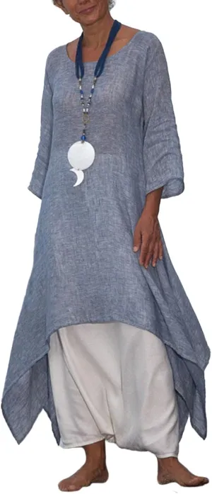 Akivide Women Cotton Linen Long Sleeve Dress Crewneck Asymmetrical Summer Casual Flowy Beach Midi Dress