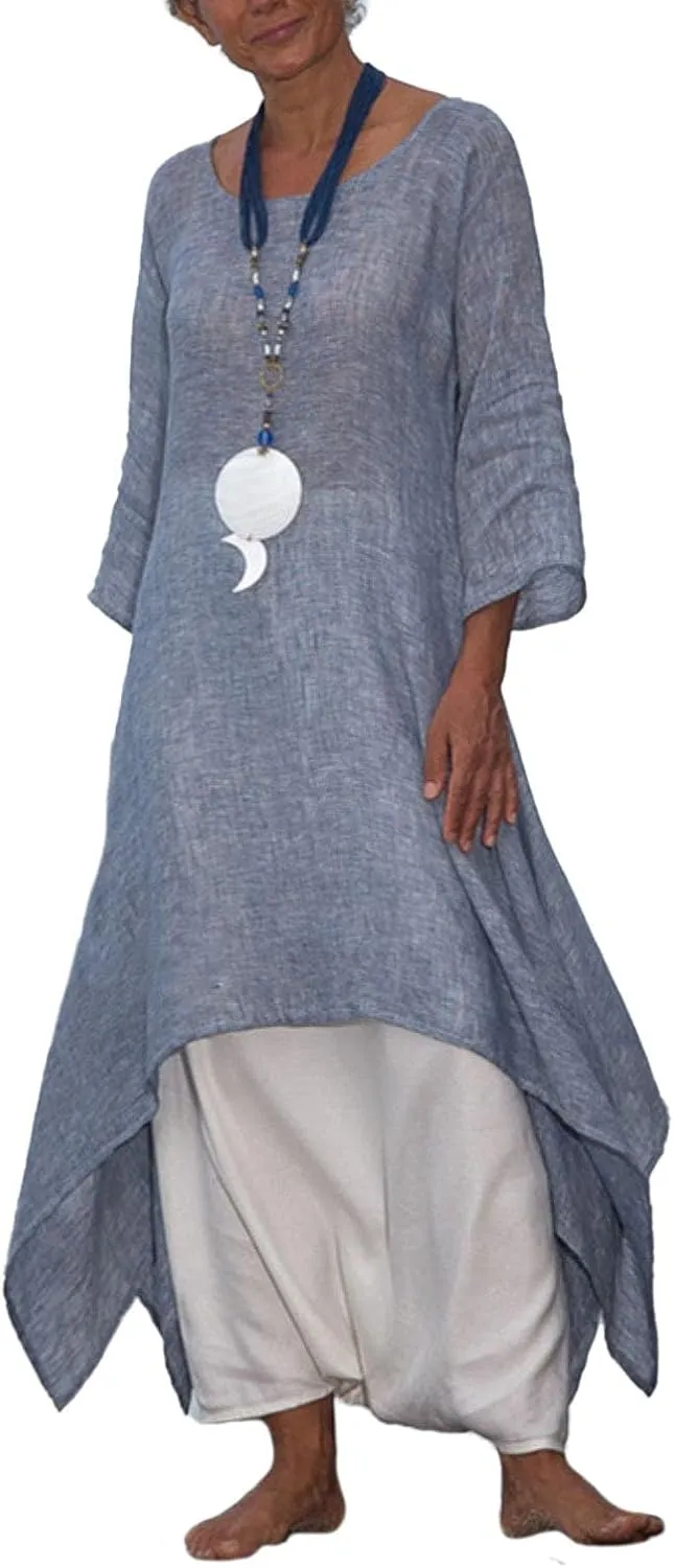 Akivide Women Cotton Linen Long Sleeve Dress Crewneck Asymmetrical Summer Casual Flowy Beach Midi Dress