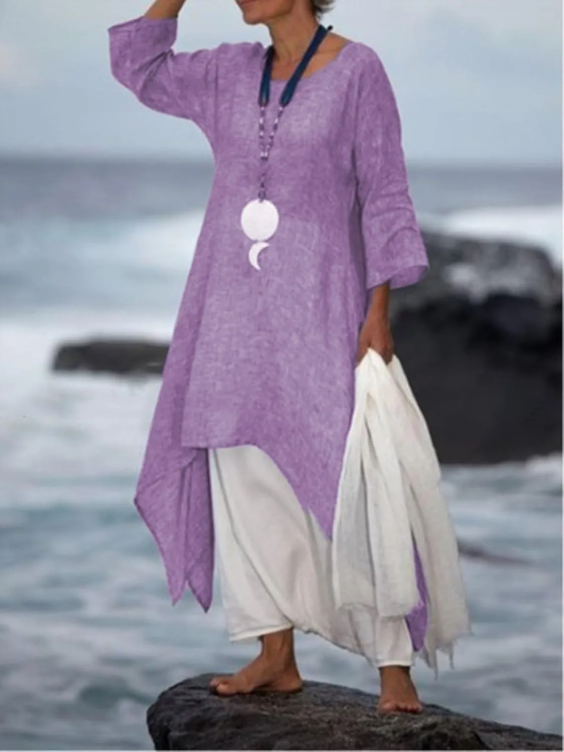 Akivide Women Cotton Linen Long Sleeve Dress Crewneck Asymmetrical Summer Casual Flowy Beach Midi Dress