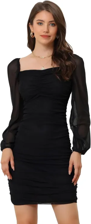 Allegra K Mesh Long Sleeve Dress for Women's Ruched Party Mini Bodycon Dress