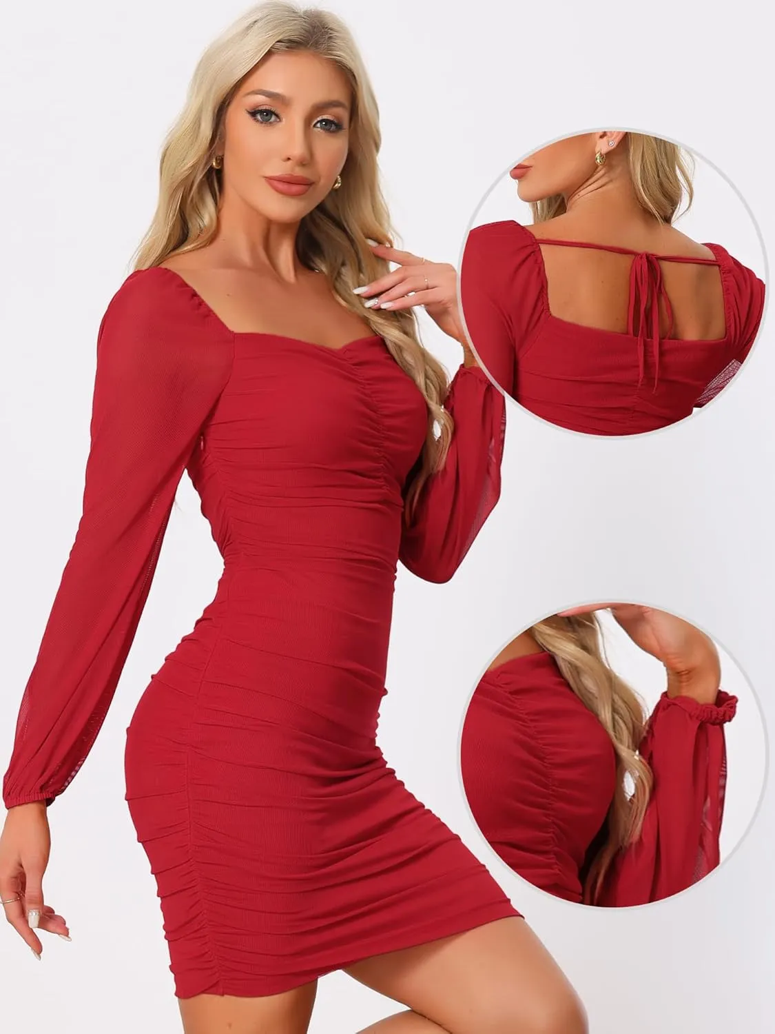 Allegra K Mesh Long Sleeve Dress for Women's Ruched Party Mini Bodycon Dress
