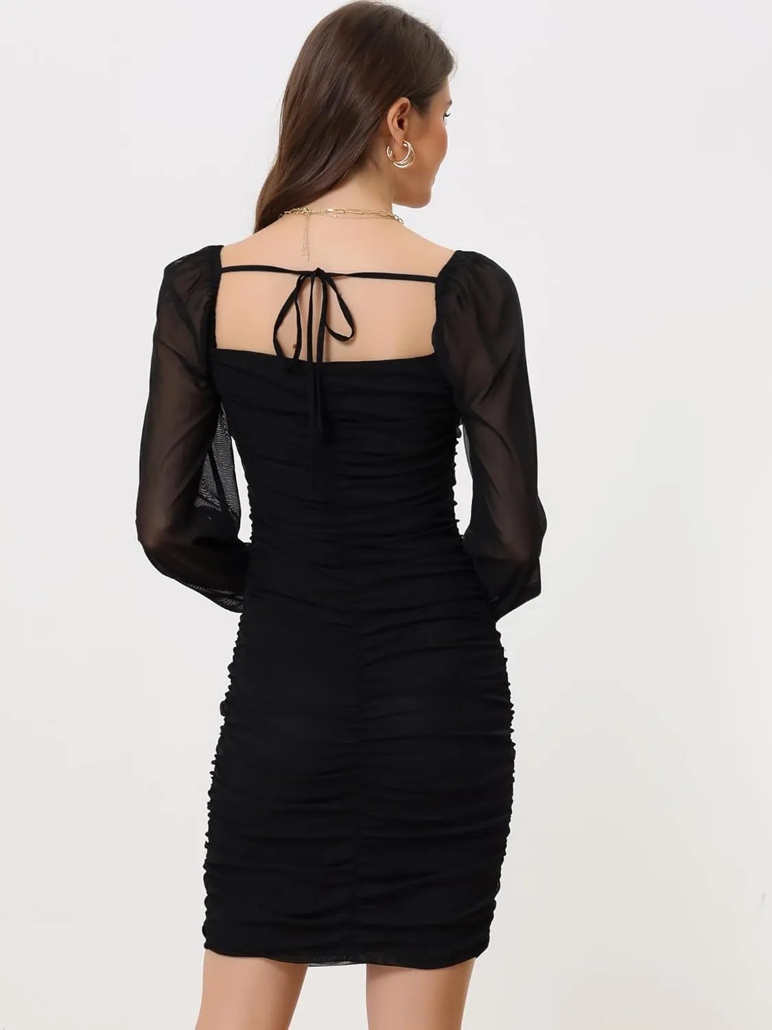 Allegra K Mesh Long Sleeve Dress for Women's Ruched Party Mini Bodycon Dress
