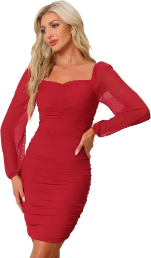 Allegra K Mesh Long Sleeve Dress for Women's Ruched Party Mini Bodycon Dress