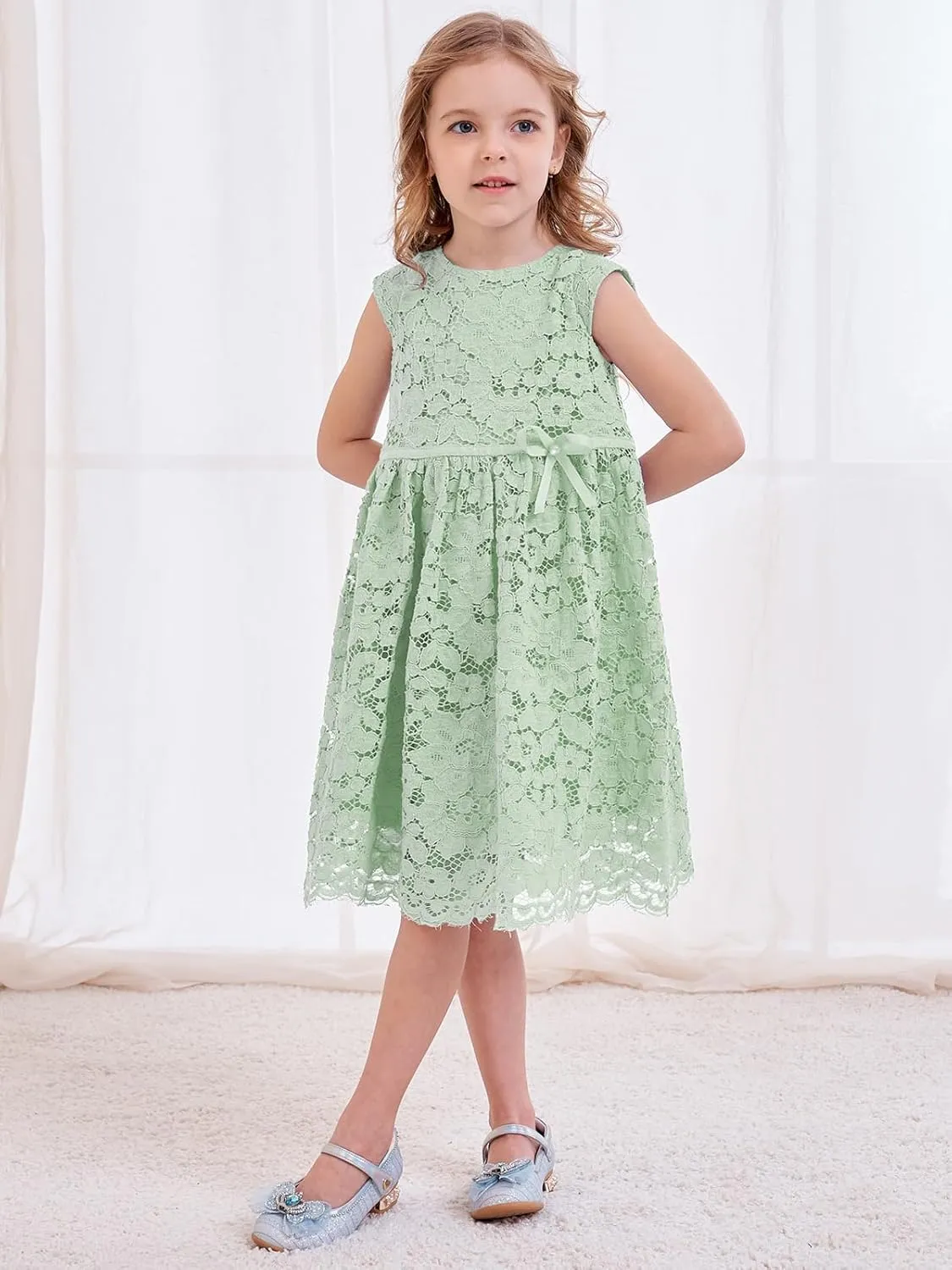 ALLOVIN Girls and Toddler Sleeveless A-Line Lace Party Dress Flower Girl Princess Dress with Beaded Bowknot 2-12 Years