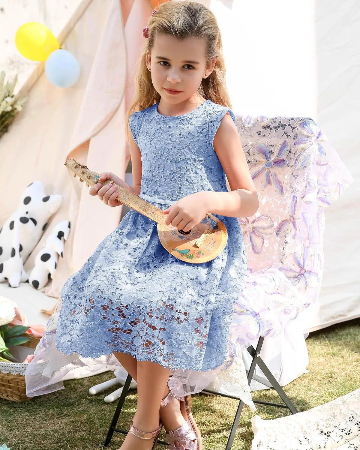 ALLOVIN Girls and Toddler Sleeveless A-Line Lace Party Dress Flower Girl Princess Dress with Beaded Bowknot 2-12 Years