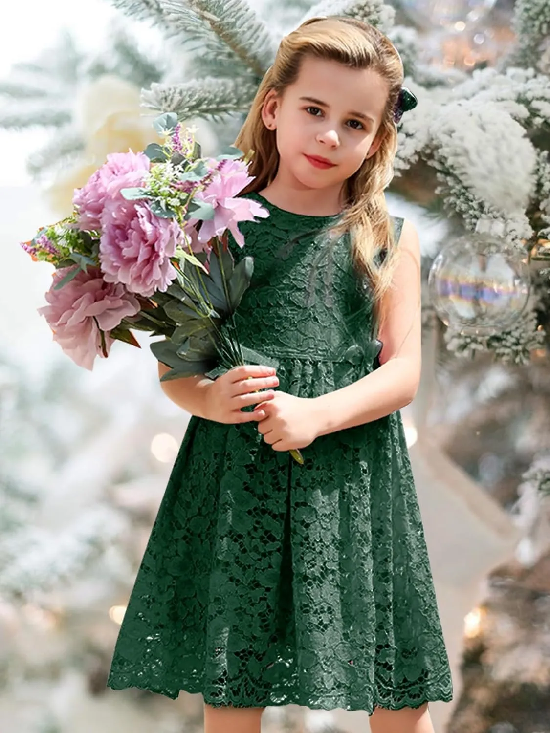 ALLOVIN Girls and Toddler Sleeveless A-Line Lace Party Dress Flower Girl Princess Dress with Beaded Bowknot 2-12 Years