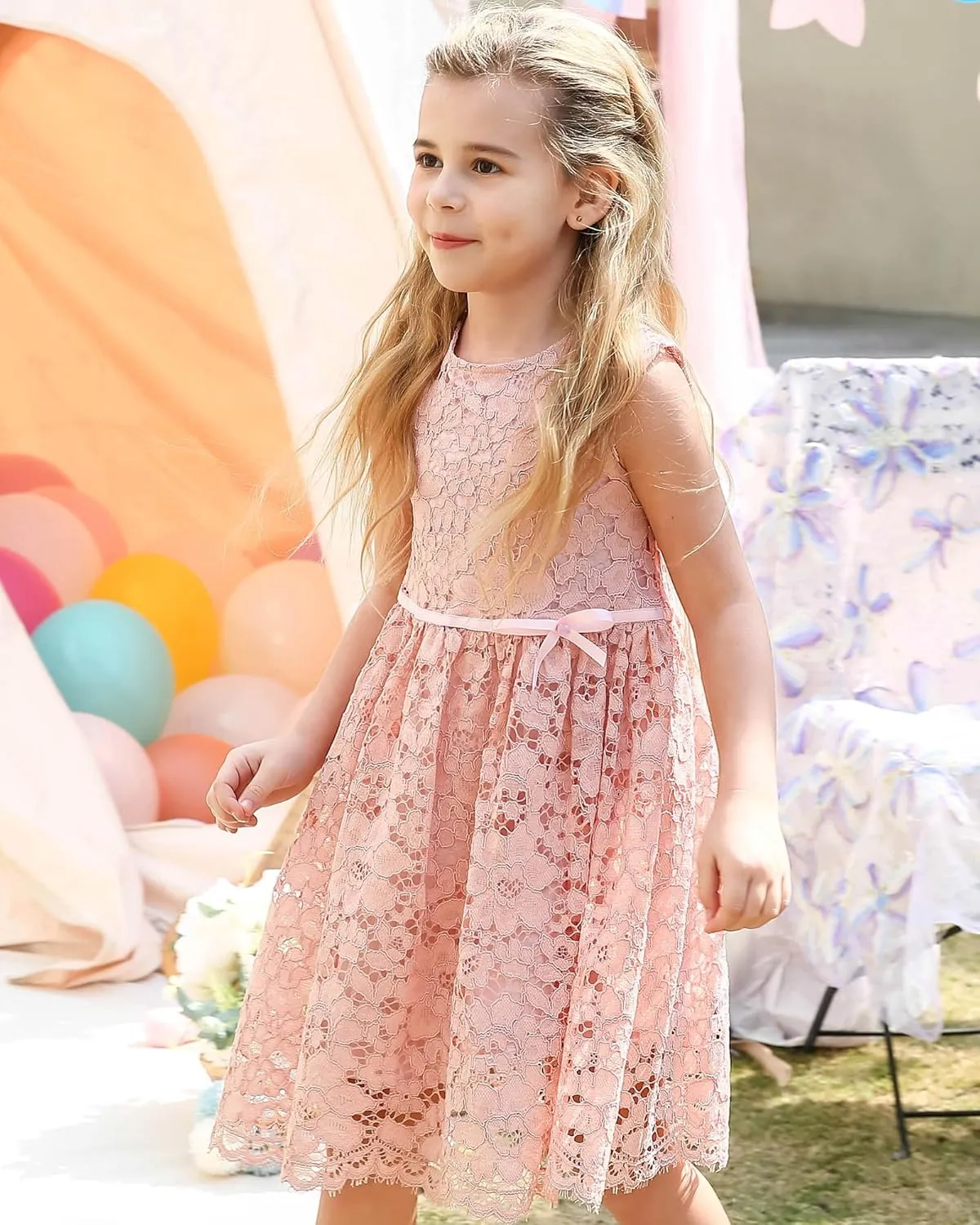 ALLOVIN Girls and Toddler Sleeveless A-Line Lace Party Dress Flower Girl Princess Dress with Beaded Bowknot 2-12 Years
