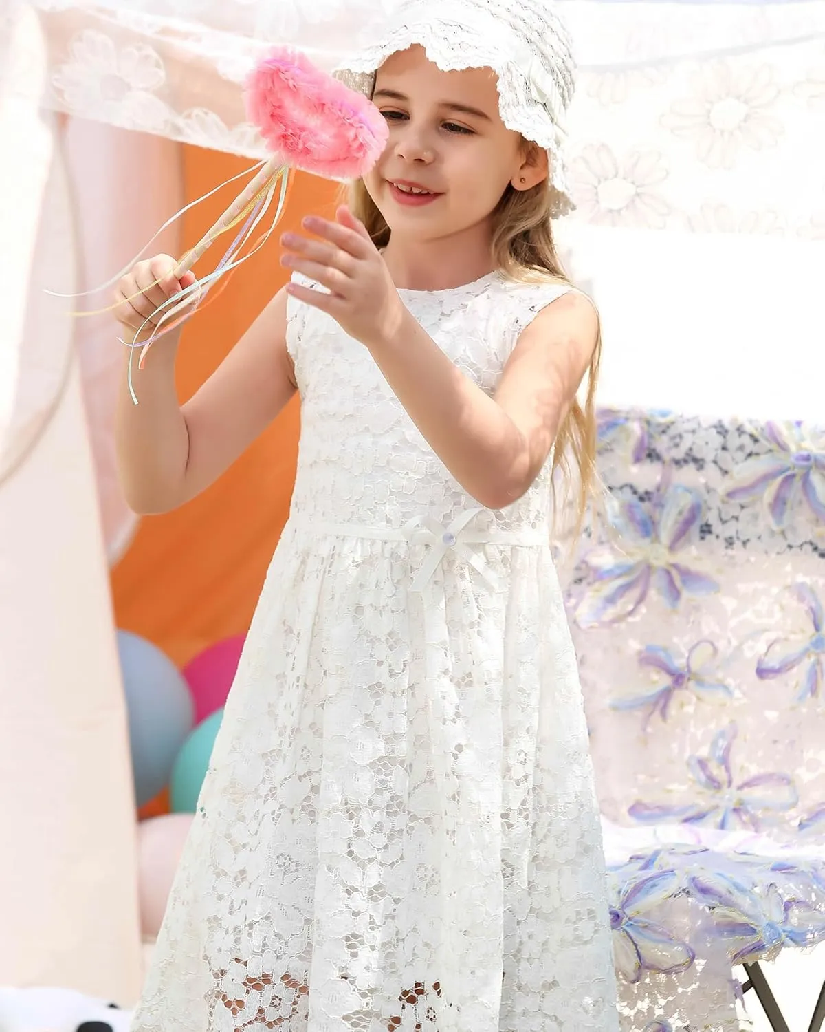 ALLOVIN Girls and Toddler Sleeveless A-Line Lace Party Dress Flower Girl Princess Dress with Beaded Bowknot 2-12 Years