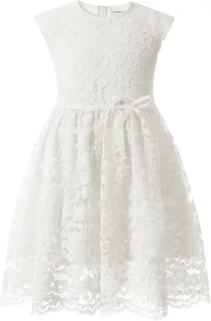 ALLOVIN Girls and Toddler Sleeveless A-Line Lace Party Dress Flower Girl Princess Dress with Beaded Bowknot 2-12 Years
