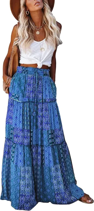 ALUWU Women's Long Maxi Bohemian High Waist A Line Skirt with Pockets