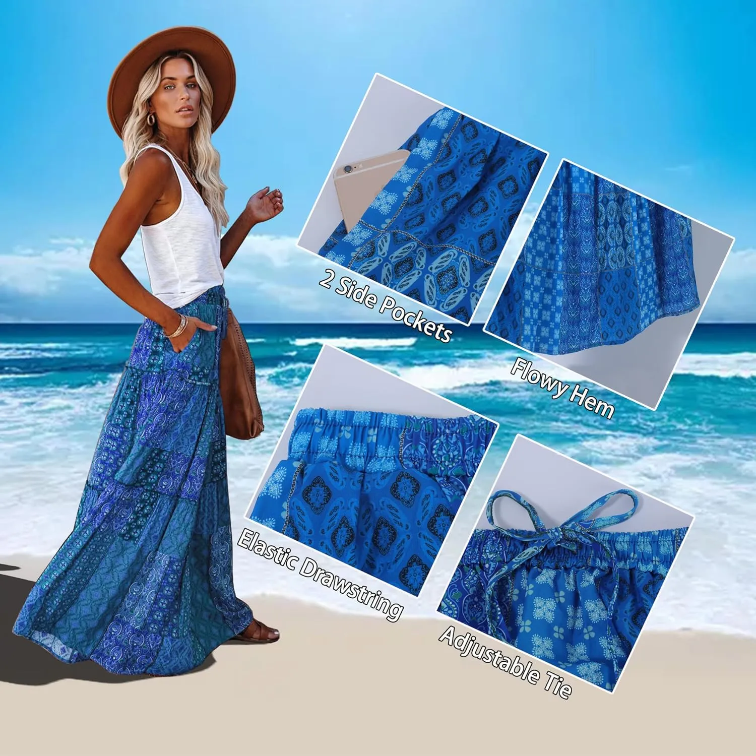 ALUWU Women's Long Maxi Bohemian High Waist A Line Skirt with Pockets