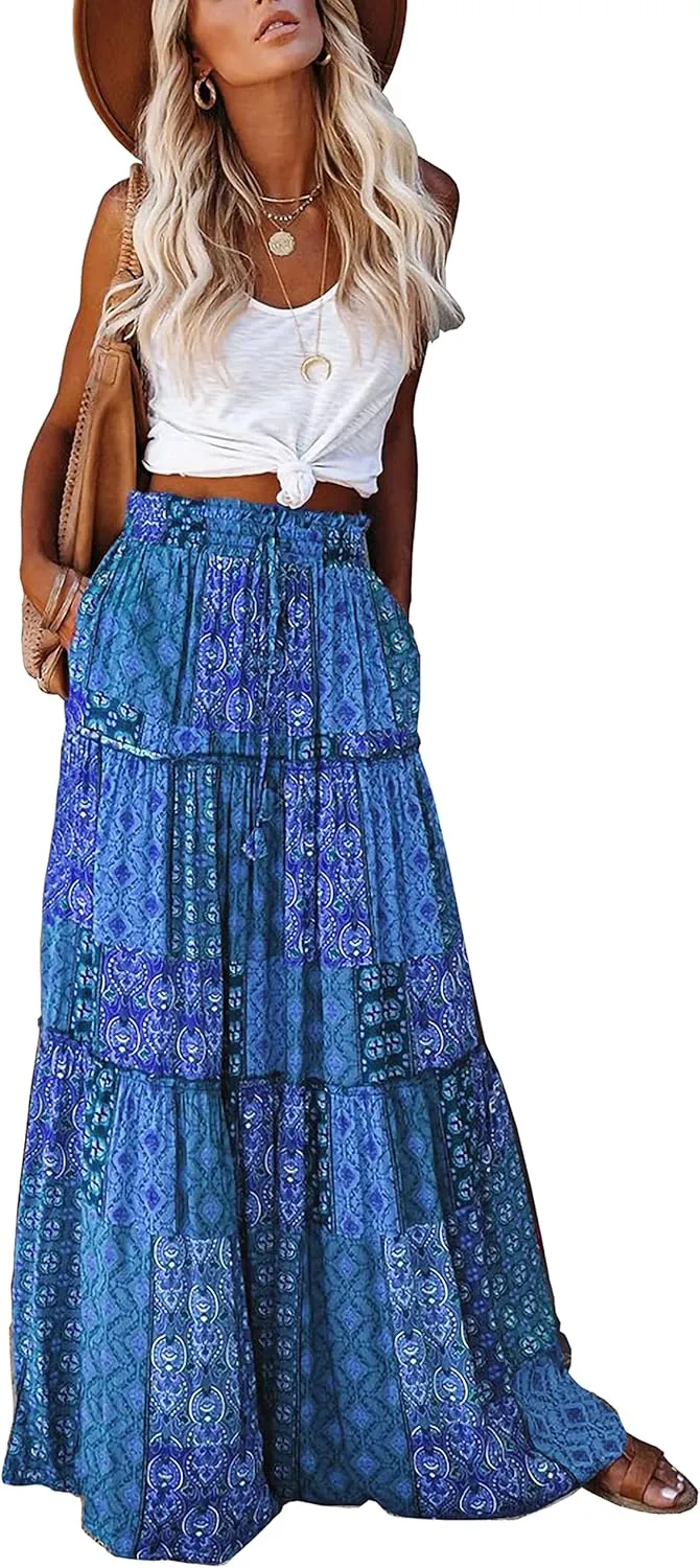 ALUWU Women's Long Maxi Bohemian High Waist A Line Skirt with Pockets