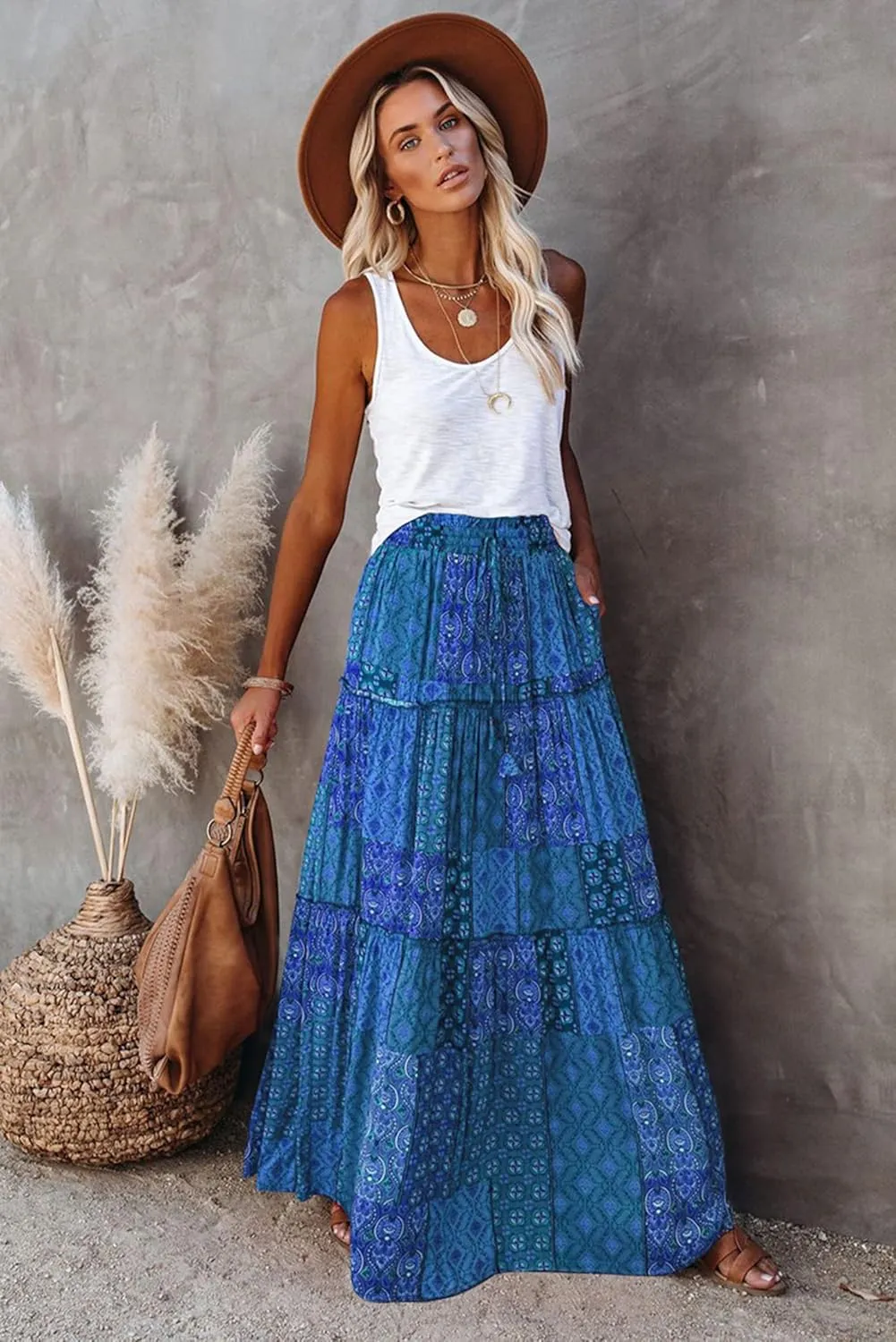 ALUWU Women's Long Maxi Bohemian High Waist A Line Skirt with Pockets