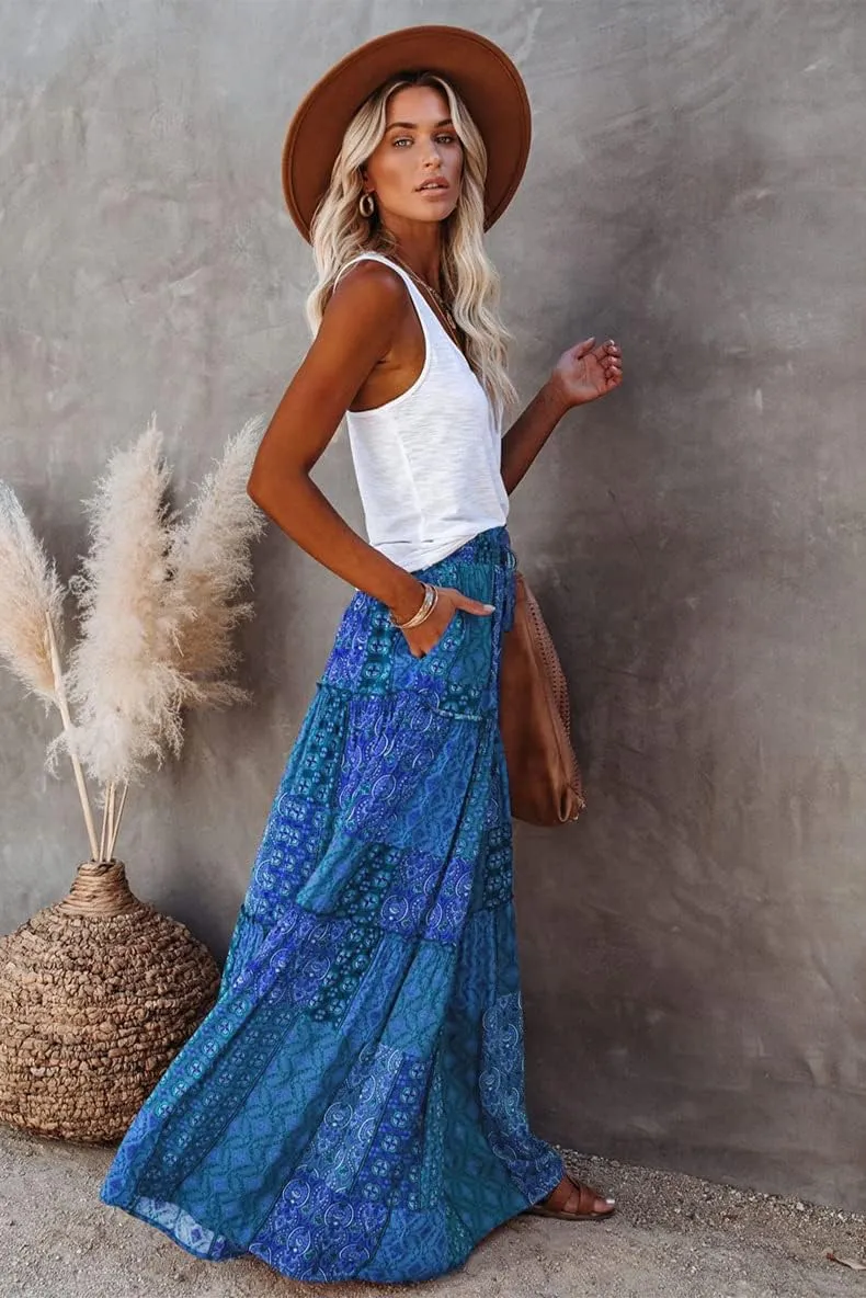 ALUWU Women's Long Maxi Bohemian High Waist A Line Skirt with Pockets