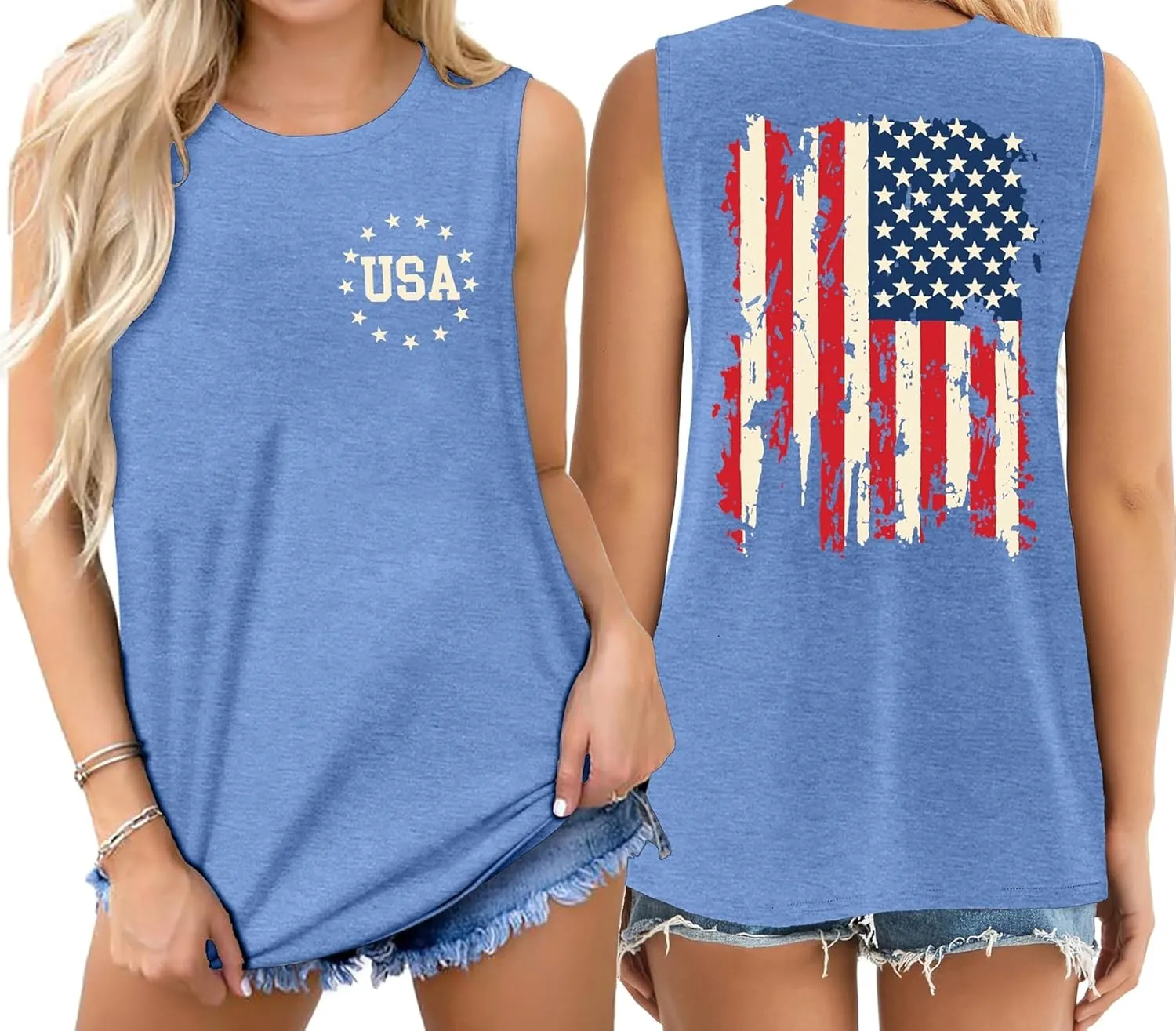 American Flag Tank Tops Women Patriotic Shirt USA Flag Stars Stripes Print Sleeveless T-Shirt 4th of July Tee Tops
