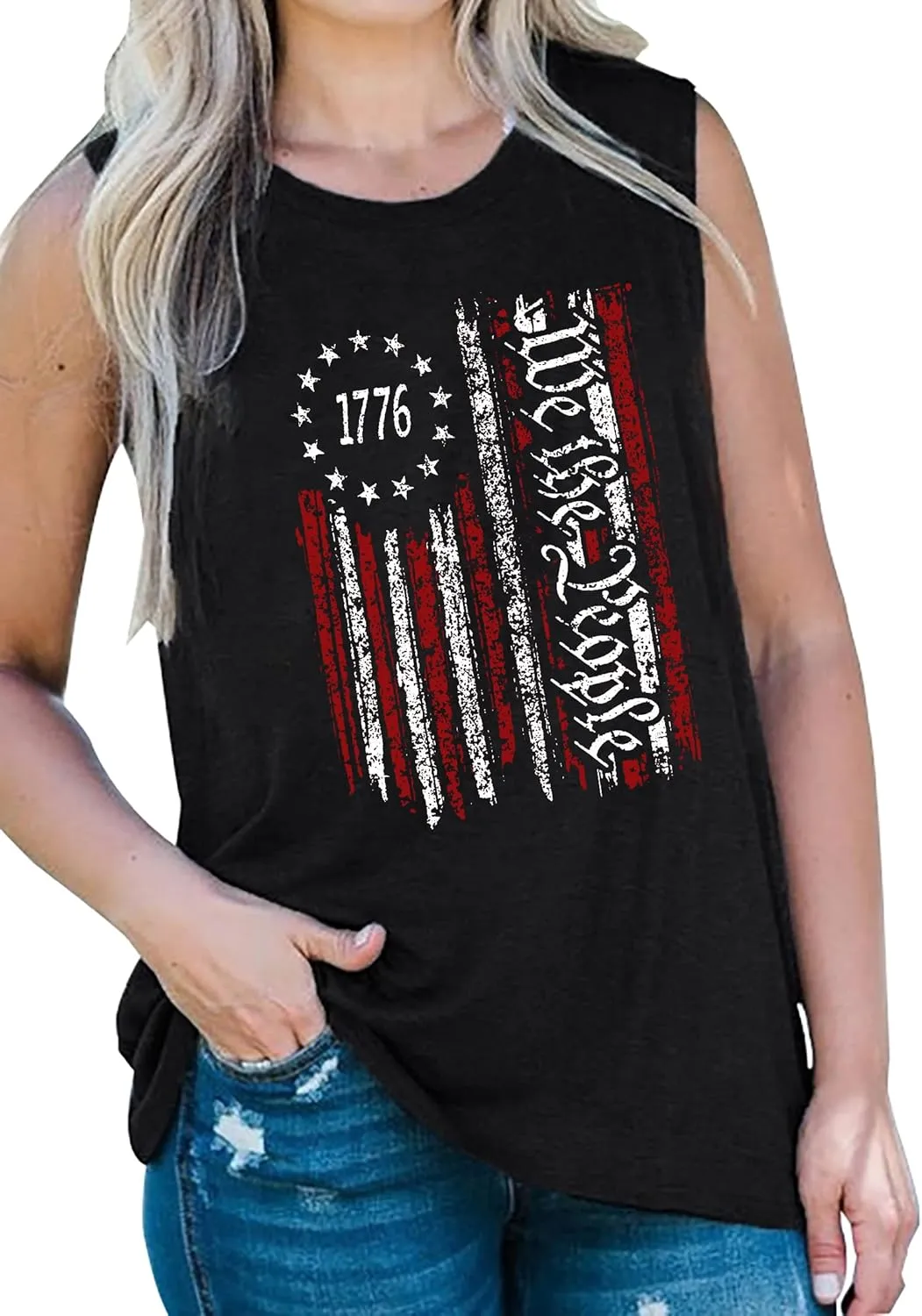 American Flag Tank Tops Women Patriotic Shirt USA Flag Stars Stripes Print Sleeveless T-Shirt 4th of July Tee Tops