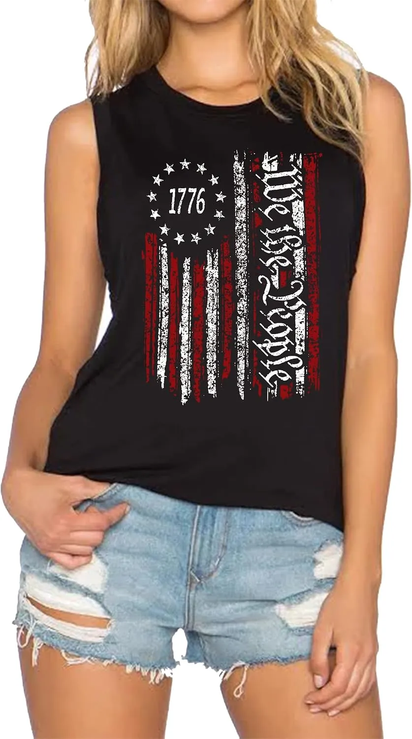 American Flag Tank Tops Women Patriotic Shirt USA Flag Stars Stripes Print Sleeveless T-Shirt 4th of July Tee Tops